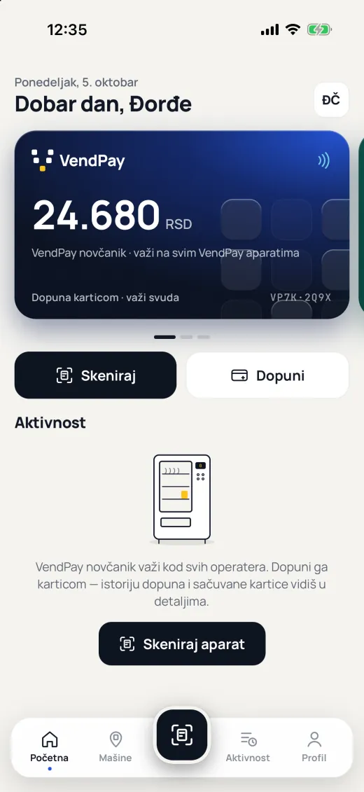 VendPay aplikacija: početni ekran sa karticom VendPay novčanika